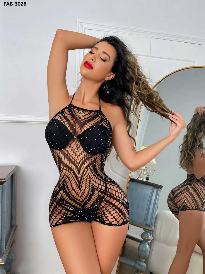 Lingerie Sexy Fishnet Bodysuit with Rhinestones FAB-3026