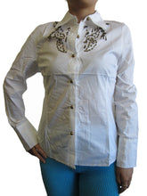 Women Cotton Poplin Stretch Button Down Long Sleeve Top with Metal Works (XS-505)