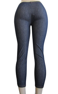 Petite women one size capri denim look legging with silver gem (FAB-11292)