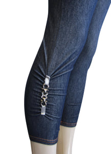 Petite women one size capri denim look legging with silver gem (FAB-11292)