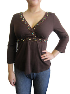 Women 3/4 V-neck Beaded Cotton Top (SELECT-1790)