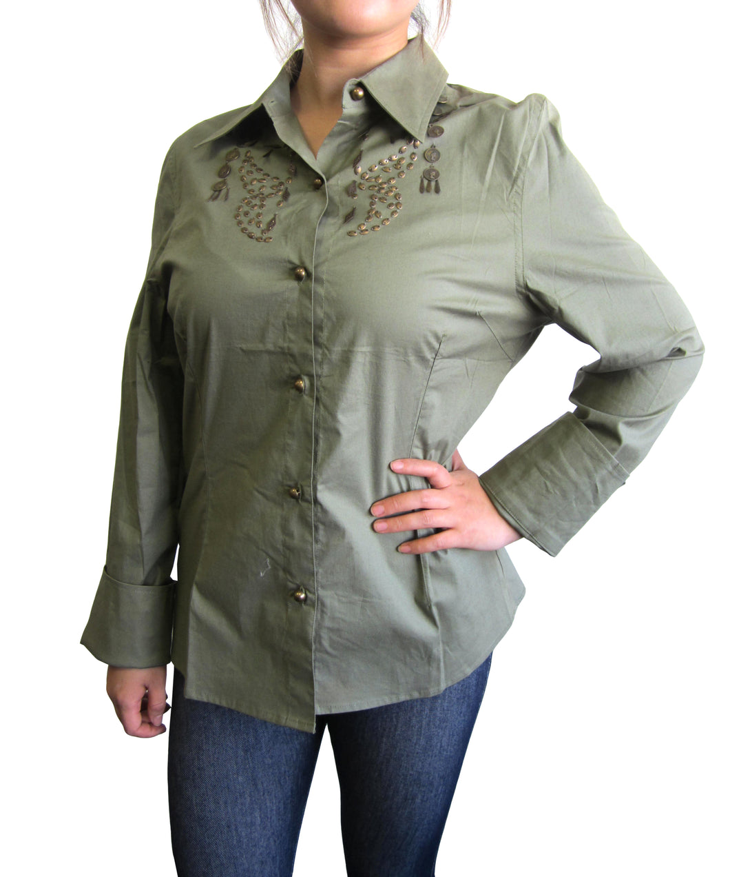 Women Cotton Poplin Stretch Button Down Long Sleeve Top with Metal Works (XS-505)